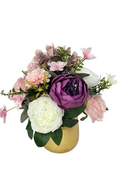 Nettenevime Yapay Çiçek Aranjmanı Gold Metal Vazoda Şakayık Gül Ve Krizantem Salon Çiçeği - Resim 7