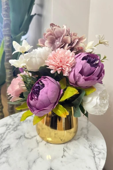 Nettenevime Yapay Çiçek Aranjmanı Gold Metal Vazoda Şakayık Gül Ve Krizantem Salon Çiçeği - Resim 5