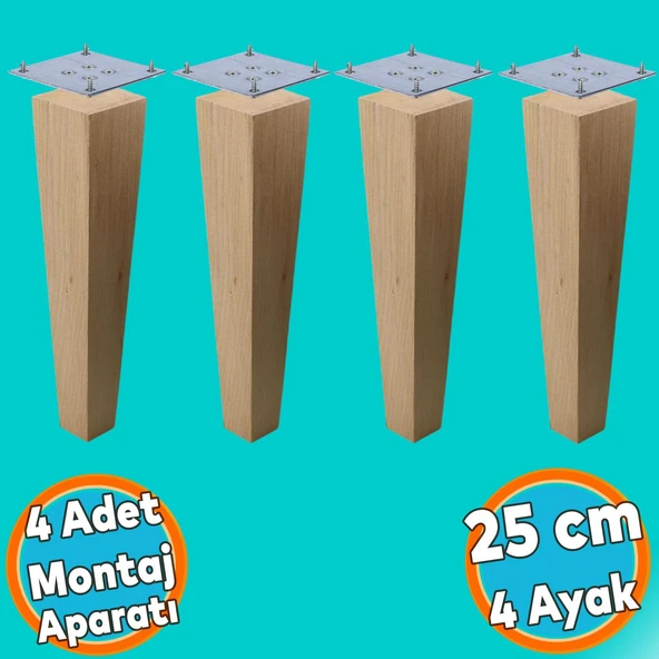 Ahşap Ayak Kare Bağlantı Aparatı Dahil Mobilya Koltuk Kanepe Sehpa Masa Ayağı 4 Adet 25 cm Ayakları ürün görseli