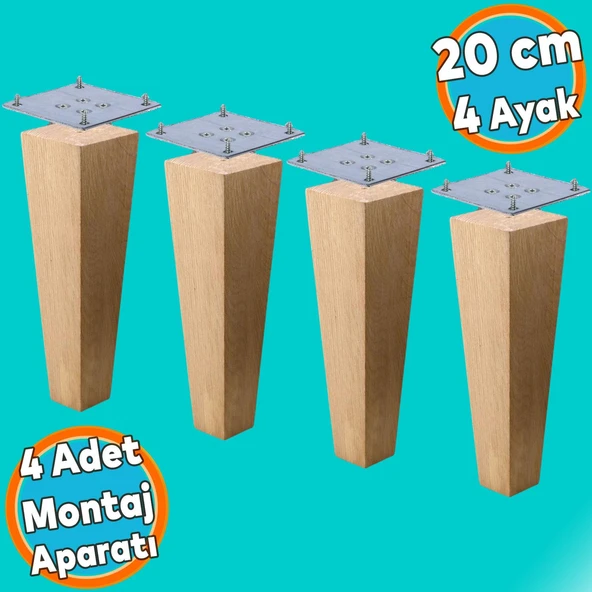 Ahşap Ayak Kare Bağlantı Aparatı Dahil Mobilya Koltuk Kanepe Sehpa Masa Ayağı 4 Adet 20 cm Ayakları
