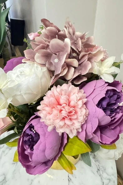 Nettenevime Yapay Çiçek Aranjmanı Gold Metal Vazoda Şakayık Gül Ve Krizantem Salon Çiçeği - Resim 6