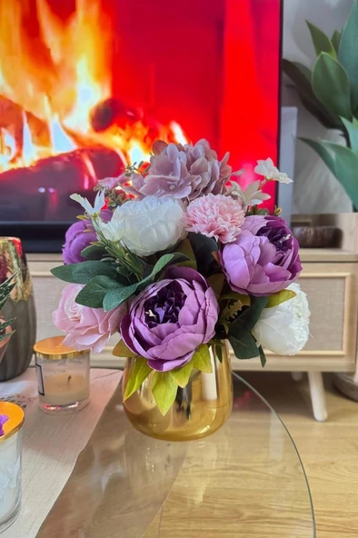 Nettenevime Yapay Çiçek Aranjmanı Gold Metal Vazoda Şakayık Gül Ve Krizantem Salon Çiçeği - Resim 2