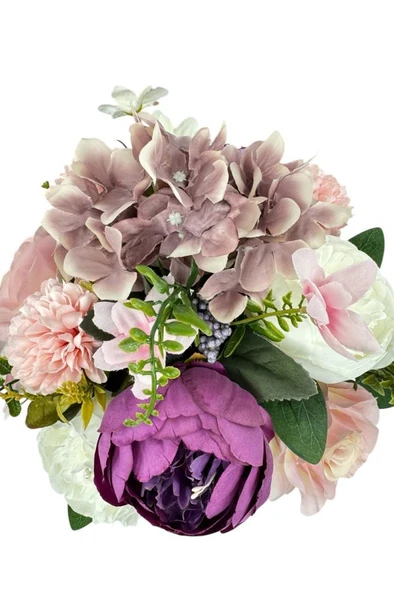 Nettenevime Yapay Çiçek Aranjmanı Gold Metal Vazoda Şakayık Gül Ve Krizantem Salon Çiçeği - Resim 8