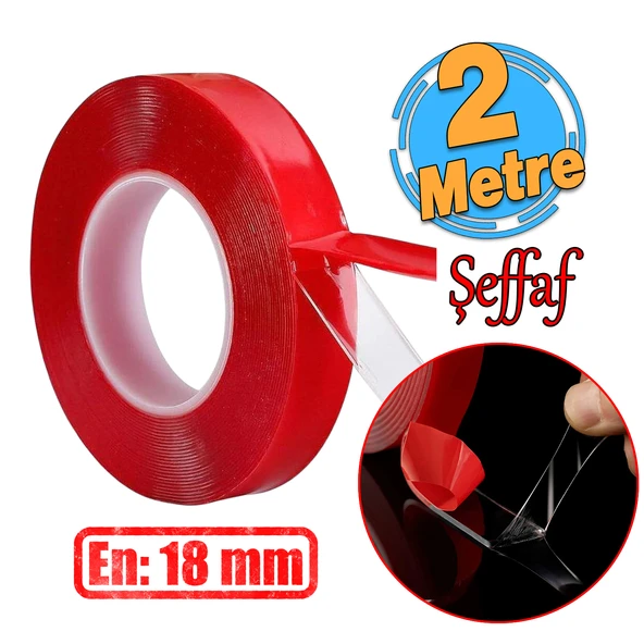Çift Taraflı Silikon Bant Montaj Bandı Şeffaf 18 mm x 2 Metre Güçlü Çok Amaçlı Yapıştırıcı 1 Adet ürün görseli