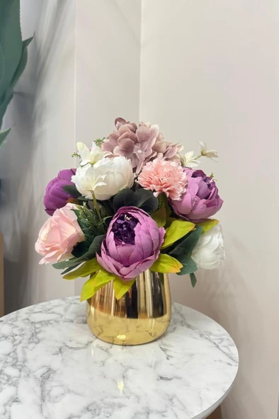 Nettenevime Yapay Çiçek Aranjmanı Gold Metal Vazoda Şakayık Gül Ve Krizantem Salon Çiçeği - Resim 4