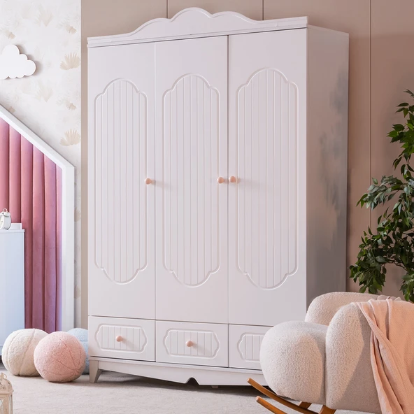 Gardırop, Flower 3 Kapaklı Çekmeceli Dolap - Pembe