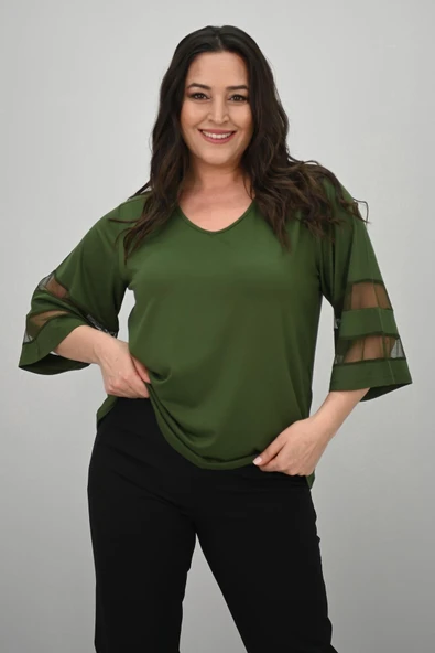 Kadın Büyük Beden Yarasa Kol Tül Detaylı Bluz 1901-25