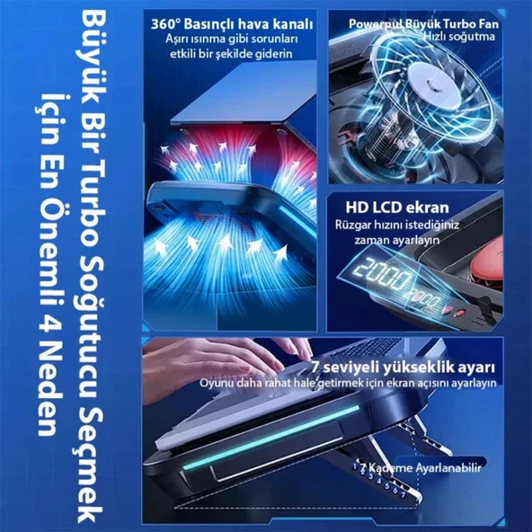 Coofbe Profesyonel Yükseklik Ayarlı 2400RPM RGB Işıklı Laptop Soğutucu Turbo Soğutma Radyatörü 14-19.3inç - 3