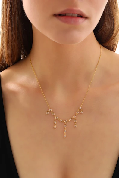 925 ayar gümüş zirkon taşlı uzun ve kısa parça sallantılı tamtur kolye