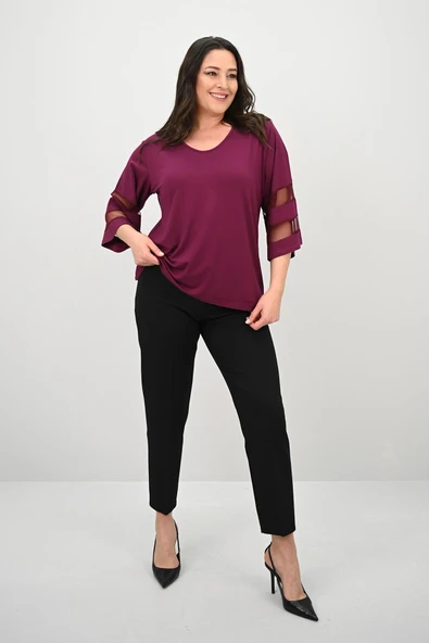 Kadın Büyük Beden Yarasa Kol Tül Detaylı Bluz 1901-25 - 8