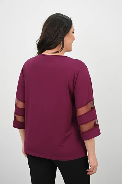 Kadın Büyük Beden Yarasa Kol Tül Detaylı Bluz 1901-25 - 11