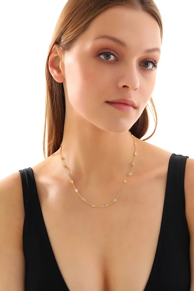 925 ayar gümüş mekik damla yuvarlak zirkon taş atlamalı kolye - 3