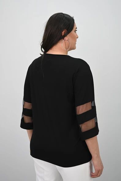 Kadın Büyük Beden Yarasa Kol Tül Detaylı Bluz 1901-25 - 5