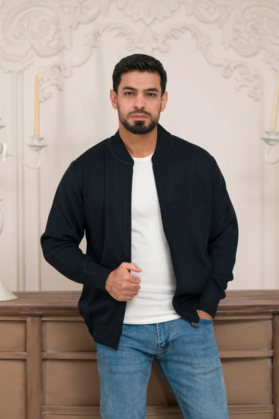 Pilot Yaka Fermuar Kapamalı Klasik Kesim Astarlı Çelik Örgü Hırka - 3