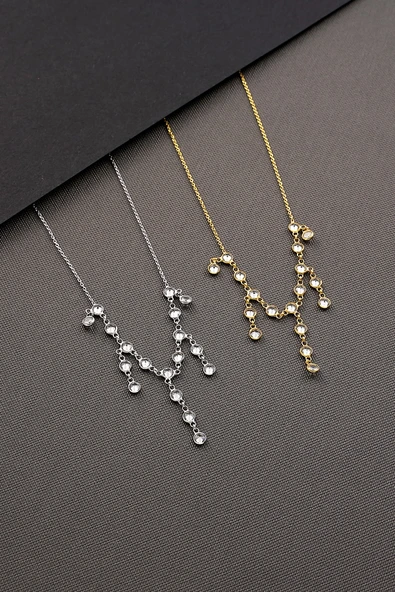 925 ayar gümüş zirkon taşlı uzun ve kısa parça sallantılı tamtur kolye - 2