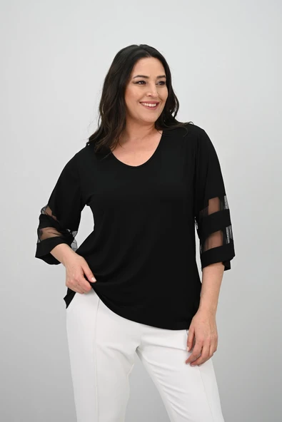 Kadın Büyük Beden Yarasa Kol Tül Detaylı Bluz 1901-25 - 6