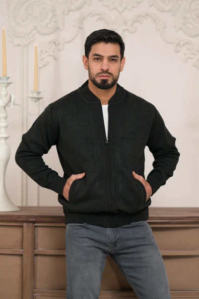 Pilot Yaka Fermuar Kapamalı Klasik Kesim Astarlı Çelik Örgü Hırka - 7