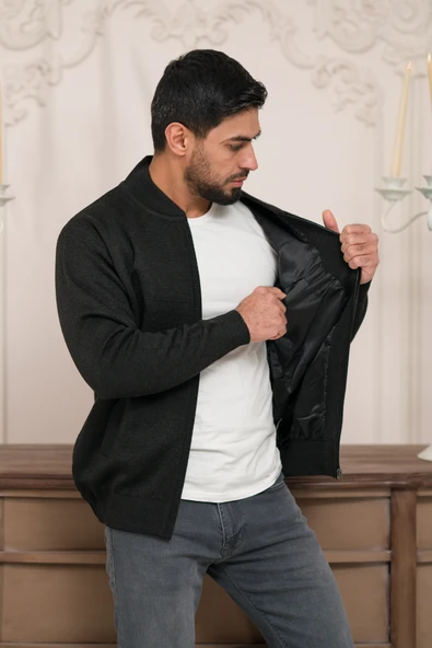 Pilot Yaka Fermuar Kapamalı Klasik Kesim Astarlı Çelik Örgü Hırka - 9