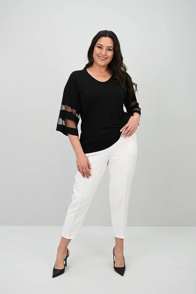 Kadın Büyük Beden Yarasa Kol Tül Detaylı Bluz 1901-25 - 2