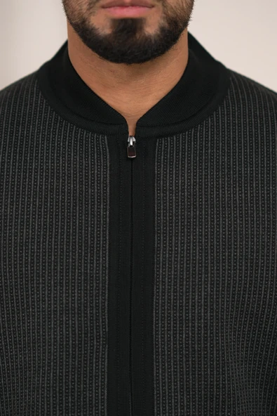 Pilot Yaka Fermuar Kapamalı Klasik Kesim Astarlı Desenli Çelik Örgü Hırka - 11