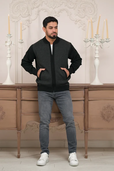 Pilot Yaka Fermuar Kapamalı Klasik Kesim Astarlı Desenli Çelik Örgü Hırka - 7