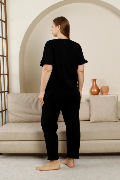 %100 Pamuk Büyük Beden 3 Parça Fırfırlı  Kadın Pijama Takımı - 19