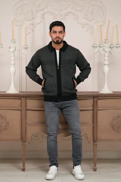 Polo Yaka Fermuar Kapamalı Klasik Kesim Astarlı Desenli Çelik Örgü Hırka - 4