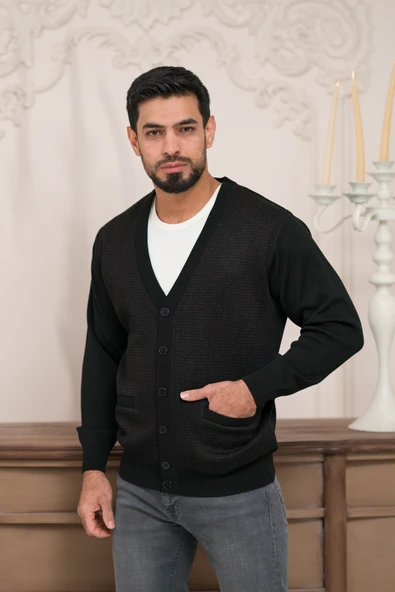 Woolen World Regular Fit V Yaka Ön Cepli Desenli Triko Hırka - 8