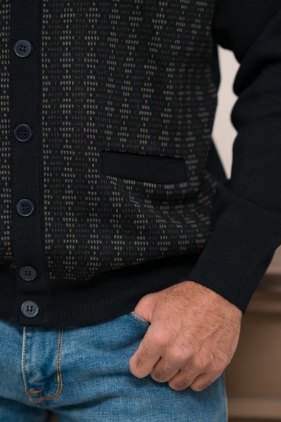 Woolen World Regular Fit V Yaka Ön Cepli Desenli Triko Hırka - 7