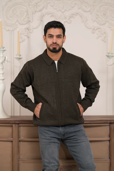 Polo Yaka Fermuar Kapamalı Klasik Kesim Astarlı Çelik Örgü Hırka - 8