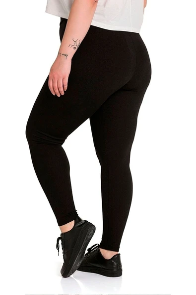 Kadın Büyük Beden Siyah Fitilli Yüksek Bel Tayt - 2