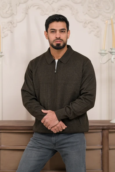 Polo Yaka Fermuar Kapamalı Klasik Kesim Astarlı Çelik Örgü Hırka - 9