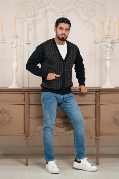 Woolen World Regular Fit V Yaka Ön Cepli Desenli Triko Hırka - 2