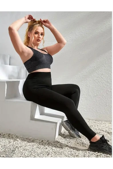 Büyük Beden Siyah Yüksek Bel Fitilli Tayt - 2