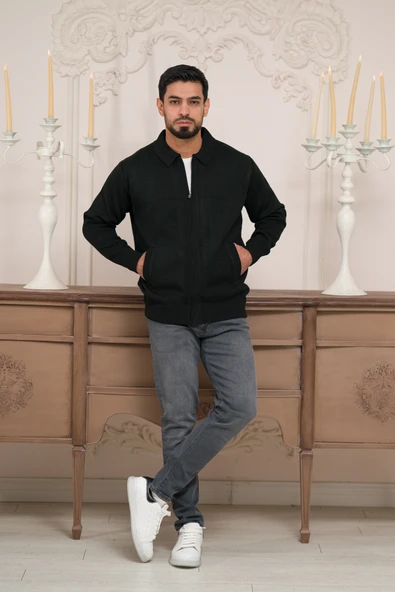 Polo Yaka Fermuar Kapamalı Klasik Kesim Astarlı Çelik Örgü Hırka