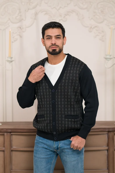 Woolen World Regular Fit V Yaka Ön Cepli Desenli Triko Hırka - 2