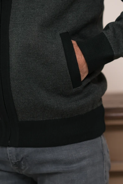 Polo Yaka Fermuar Kapamalı Klasik Kesim Astarlı Desenli Çelik Örgü Hırka - 6