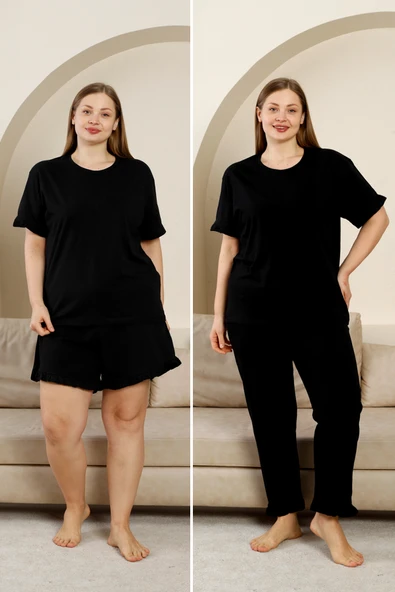 %100 Pamuk Büyük Beden 3 Parça Fırfırlı  Kadın Pijama Takımı - 11