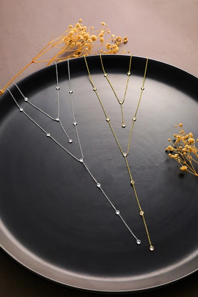 925 ayar gümüş zirkon taşlı 2 li Y kolye - 2