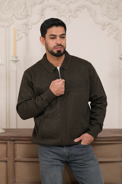 Polo Yaka Fermuar Kapamalı Klasik Kesim Astarlı Çelik Örgü Hırka - 10