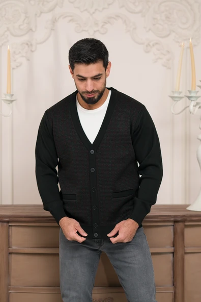 Woolen World Regular Fit V Yaka Ön Cepli Desenli Triko Hırka - 7