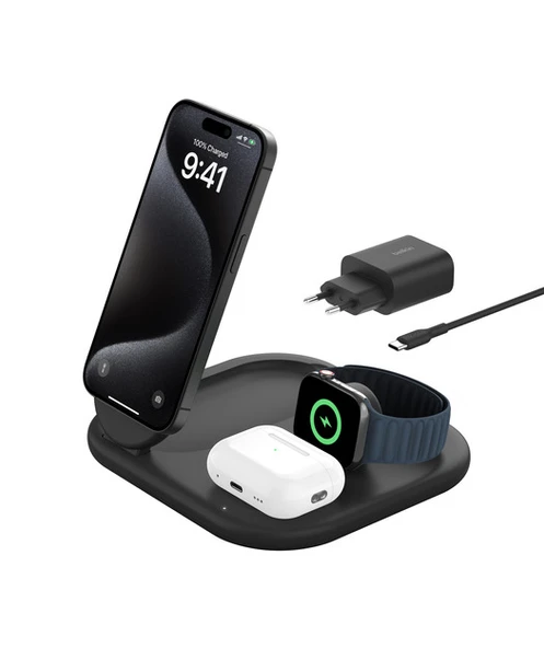 Qi2 15W ile 3ü 1 Manyetik Katlanabilir Kablosuz Şarj Cihazı- Siyah