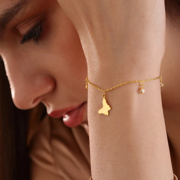 925 ayar gümüş kelebek objeli zirkon taş sallantılı bileklik - 3