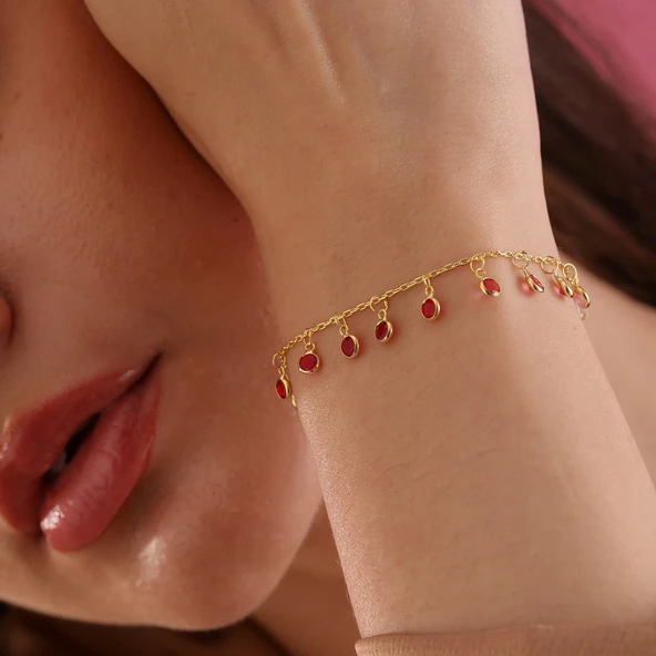 925 ayar gümüş ful sallantılı kırmızı renk geçişli bileklik - Resim 3