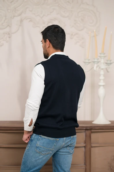 Woolen World Regular Fit Ön Cepli Kolsuz Erkek Triko Yelek - 10
