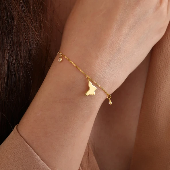 925 ayar gümüş kelebek objeli zirkon taş sallantılı bileklik