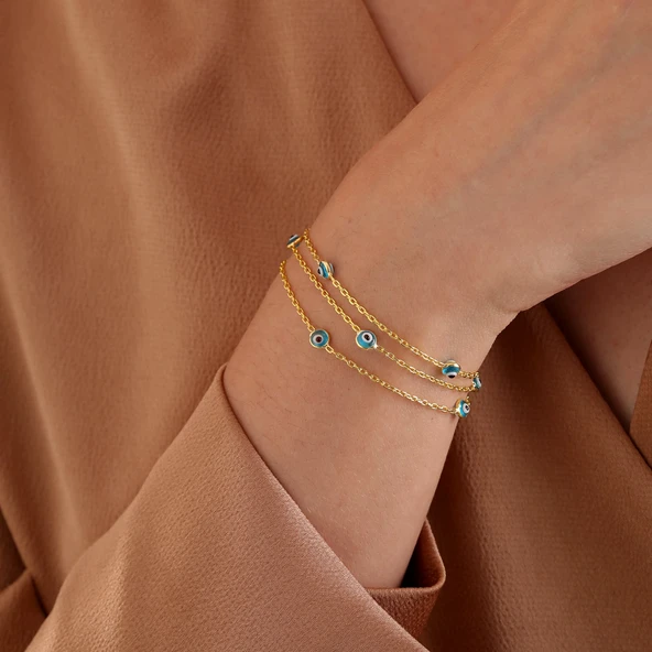 925 ayar gümüş mavi göz 3 sıra zincirli bileklik - 3