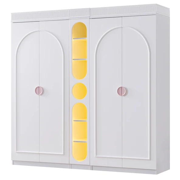 Gardırop, Dolunay 4 Kapaklı Dolap ve Ledli Kitaplık - Pembe - 2