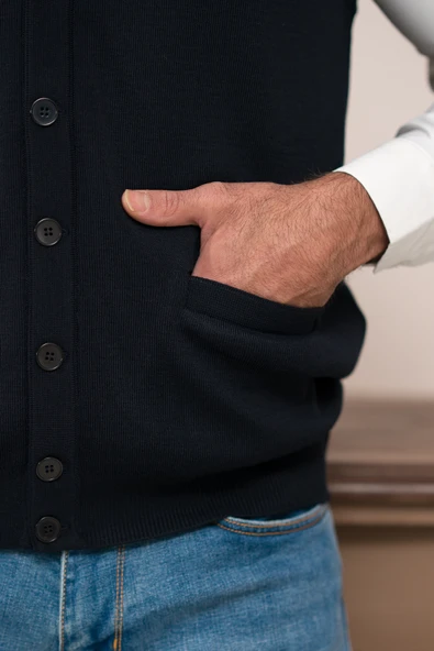 Woolen World Regular Fit Ön Cepli Kolsuz Erkek Triko Yelek - 9