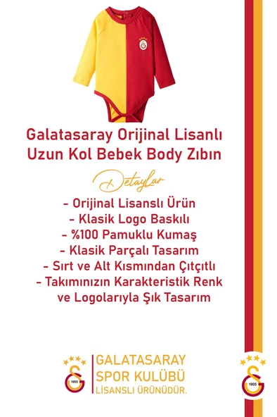 Galatasaray Orijinal Lisanslı Parçalı Uzun Kol Bebek Body Zıbın - 2